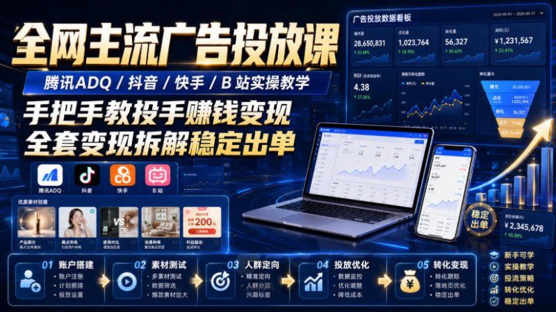 全网主流广告投放课,腾讯ADQ / 抖音 / 快手 / B 站实操教学,手把手教投手赚钱变现,全套变现拆解稳定出单-初遇资源网