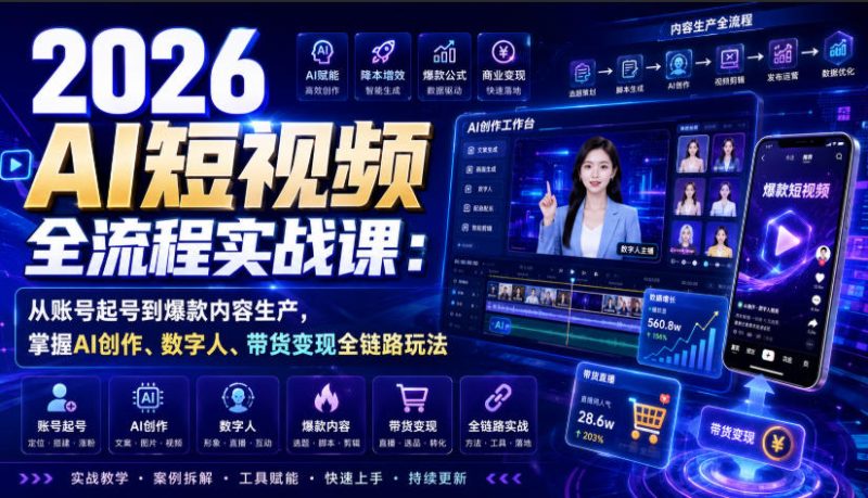 2026 AI短视频全流程实战课:从账号起号到爆款内容生产,掌握AI创作、数字人、带货变现全链路玩法-初遇资源网
