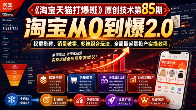 《淘宝天猫打爆班》原创技术第85期,淘宝从0到爆2.0,权重搭建、销量破零、多维组合玩法、全周期起量投产实操教程-初遇资源网