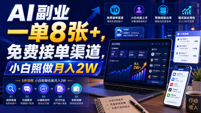 AI副业一单8张+,免费接单渠道,小白照做月入2W-初遇资源网