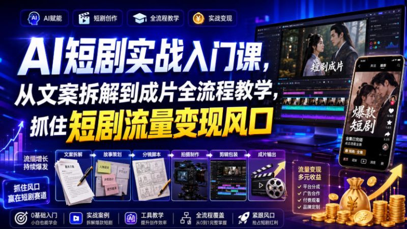 AI短剧实战入门课,从文案拆解到成片全流程教学,抓住短剧流量变现风口-初遇资源网