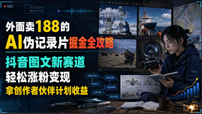 外面卖188的AI伪记录片掘金全攻略,抖音图文新赛道,轻松涨粉变现,拿创作者伙伴计划收益【文档】-初遇资源网
