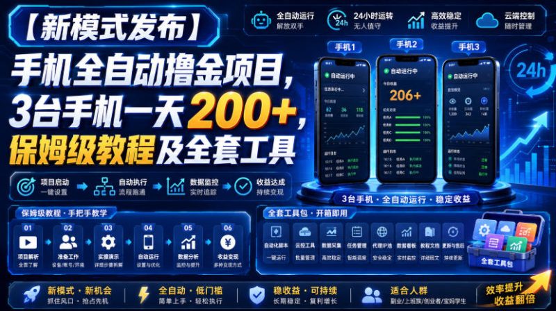 【新模式发布】手机全自动撸金项目,3台手机一天200+,保姆级教程及全套工具-初遇资源网