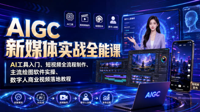 AIGC新媒体实战全能课|AI工具入门、短视频全流程制作、主流绘图软件实操、数字人商业视频落地教程-初遇资源网