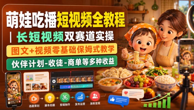 萌娃吃播短视频全教程|长短视频双赛道实操,图文+视频零基础保姆式教学,伙伴计划-收徒-商单等多种变现方式-初遇资源网