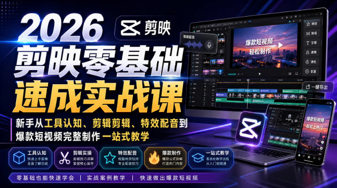 2026剪映零基础速成实战课|新手从工具认知、剪辑剪辑、特效配音到爆款短视频完整制作一站式教学-初遇资源网