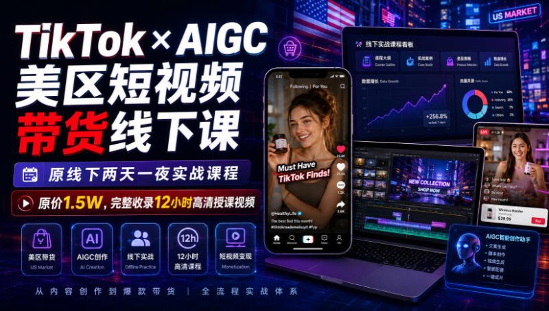 TikTok×AIGC美区短视频带货线下课,原线下两天一夜实战课程,原价1.5W,完整收录12小时高清授课视频-初遇资源网
