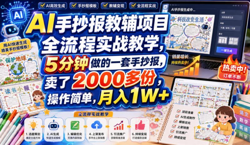 AI手抄报教辅项目全流程实战教学，5分钟做的一套手抄报，卖了2000多份，操作简单，月入1W+-初遇资源网