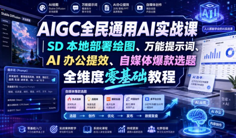 AIGC全民通用AI实战课|SD本地部署绘图、万能提示词、AI办公提效、自媒体爆款选题全维度零基础教程-初遇资源网