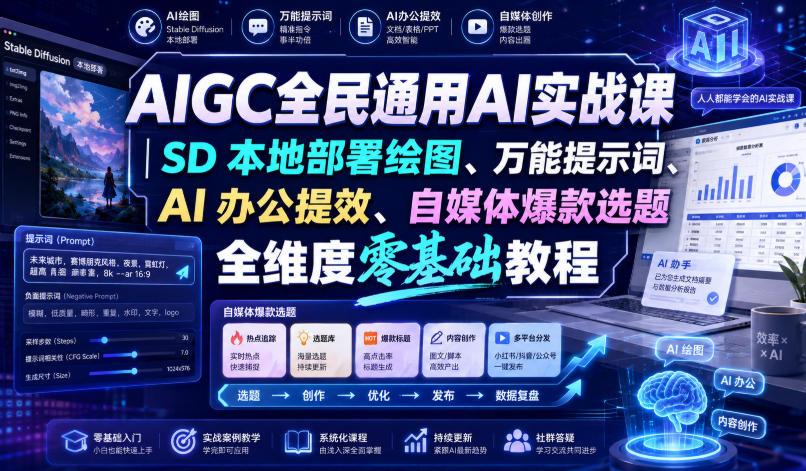 【冒泡网】AIGC全民通用AI实战课｜SD本地部署绘图、万能提示词、AI办公提效、自媒体爆款选题全维度零基础教程 - 初遇资源网