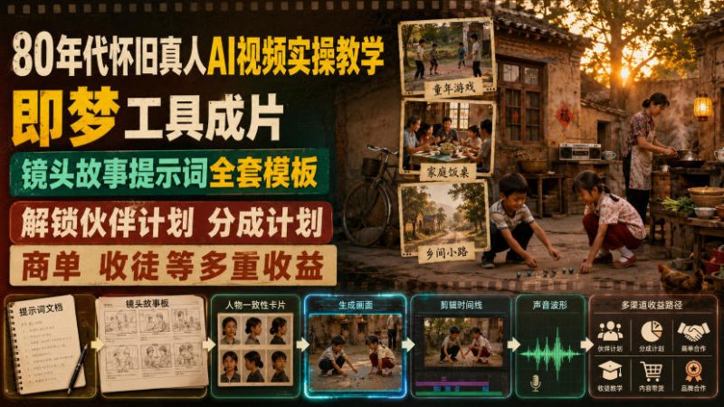 80年代怀旧真人AI视频实操教学,即梦工具成片、镜头故事提示词全套模板,解锁伙伴计划分成计划商单收徒等多重收益-初遇资源网