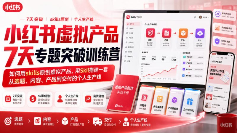小红书虚拟产品7天专题突破训练营,如何用skills原创虚拟产品,用Skil搭建一套从选题、内容、产品到交付的个人生产线-初遇资源网