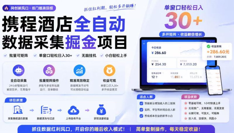 携程酒店采集挂G项目,批量可矩阵,单机轻松日入300+,开启你的睡后收入模式!-初遇资源网