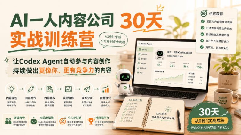 AI一人内容公司30天实战训练营,让Codex Agent自动参与内容创作持续做出更像你、更有竞争力的内容-初遇资源网