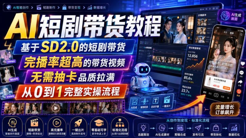 AI短剧带货教程,基于SD2.0的短剧带货,完播率超高的带货视频,无需抽卡品质拉满,从0到1完整实操流程-初遇资源网