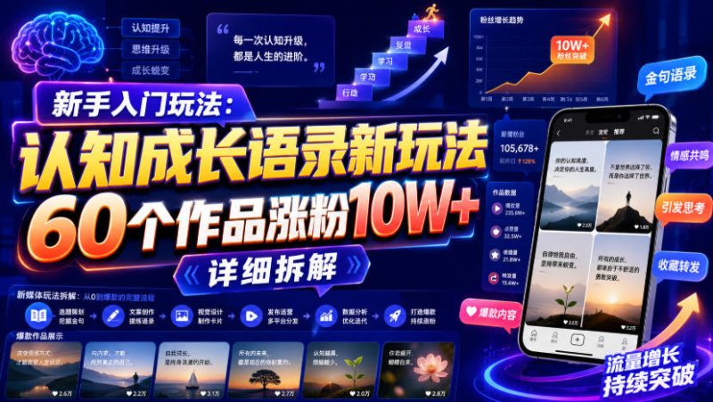 新手入门玩法:认知成长语录新玩法,60个作品涨粉10W+,详细拆解-初遇资源网