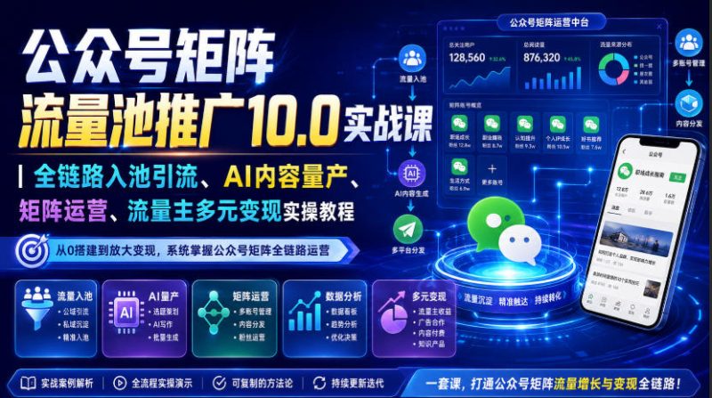 公众号矩阵流量池推广10.0实战课|全链路入池引流、AI内容量产、矩阵运营、流量主多元变现实操教程-初遇资源网