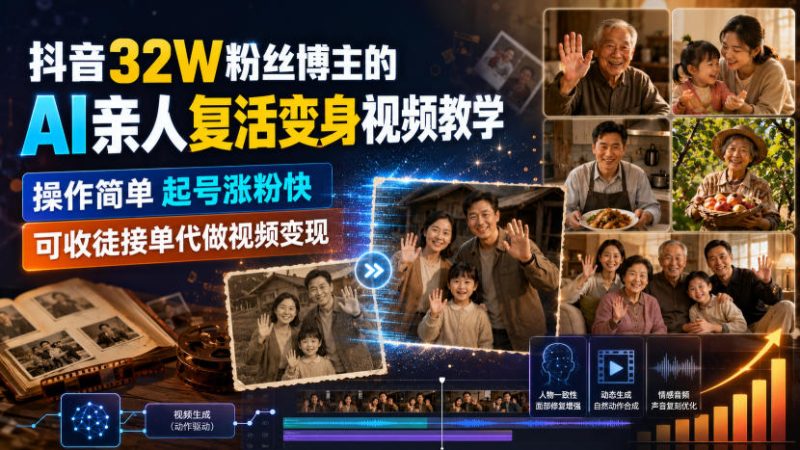 抖音32W粉丝博主的AI亲人复活变身视频教学,操作简单,起号涨粉快,可收徒接单代做视频变现-初遇资源网
