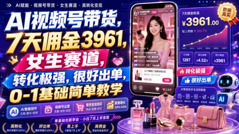 AI视频号带货,7天佣金3961,女生赛道,转化极强,很好出单,0-1基础简单教学-初遇资源网