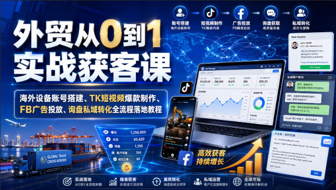 外贸从0到1实战获客课｜海外设备账号搭建、TK短视频爆款制作、FB广告投放、询盘私域转化全流程落地教程-初遇资源网