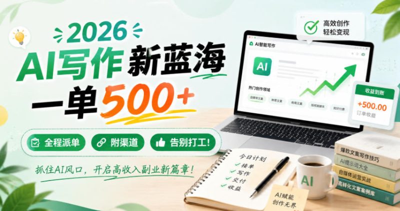 2026 AI写作新蓝海,一单500+,全程派单,附渠道,告别打工!-初遇资源网
