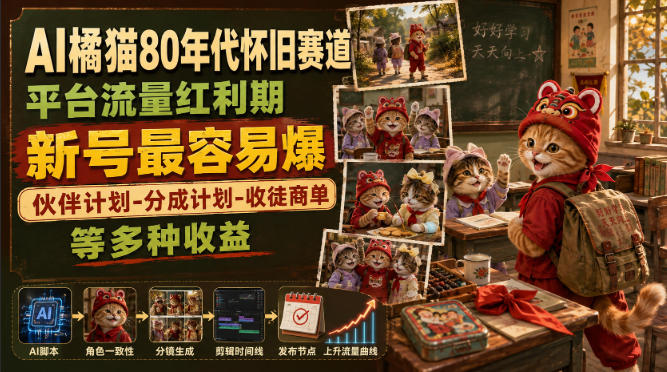 AI橘猫80年代怀旧赛道,平台流量红利期,新号最容易爆,伙伴计划-分成计划-收徒商单等多种收益-初遇资源网