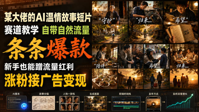 某大佬的AI温情故事短片赛道教学,自带自然流量,条条爆款,新手也能蹭流量红利,涨粉接广告变现-初遇资源网