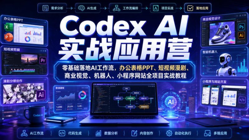Codex AI实战应用营|零基础落地AI工作流,办公表格PPT、短视频漫剧、商业视觉、机器人、小程序网站全项目实战教程-初遇资源网