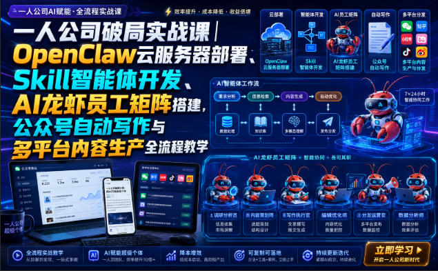 一人公司破局实战课|OpenClaw云服务器部署、Skill智能体开发、AI龙虾员工矩阵搭建,公众号自动写作与多平台内容生产全流程教学-初遇资源网