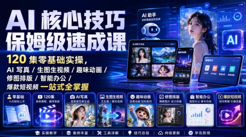 AI核心技巧保姆级速成课|120集零基础实操,AI写真/生图生视频/趣味动画/修图排版/智能办公/爆款短视频一站式全掌握-初遇资源网