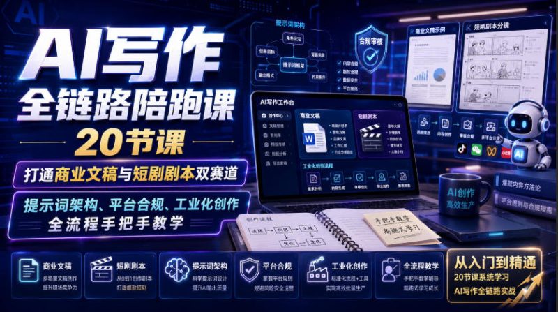 AI写作全链路陪跑课|20节课打通商业文稿与短剧剧本双赛道,提示词架构、平台合规、工业化创作全流程手把手教学-初遇资源网