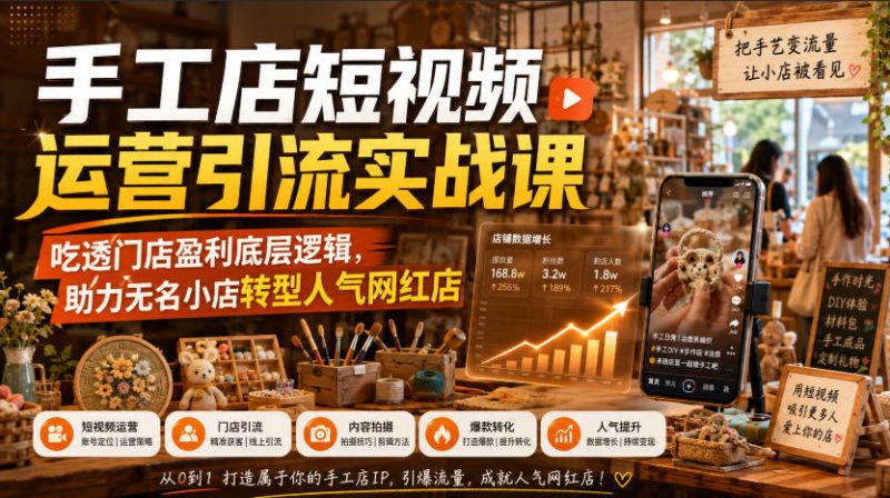 手工店短视频运营引流实战课,吃透门店盈利底层逻辑,助力无名小店转型人气网红店-初遇资源网
