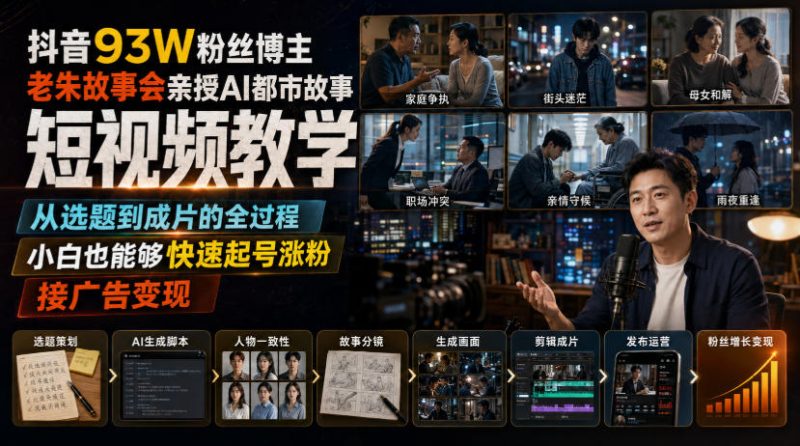 抖音93W粉丝博主老朱故事会亲授AI都市故事短视频教学,从选题到成片的全过程,小白也能够快速起号涨粉接广告变现-初遇资源网