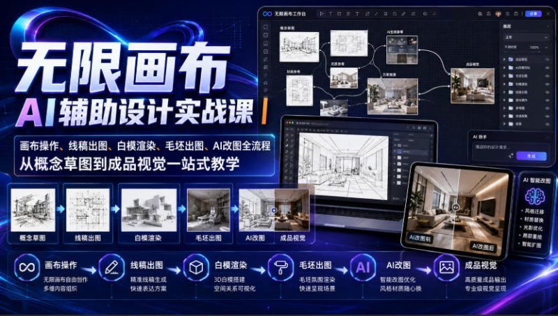 无限画布AI辅助设计实战课|画布操作、线稿出图、白模渲染、毛坯出图、AI改图全流程,从概念草图到成品视觉一站式教学-初遇资源网