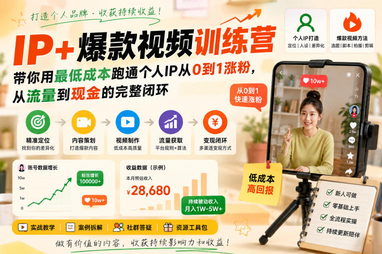 IP+爆款视频训练营,带你用最低成本跑通个人IP从0到1涨粉,从流量到现金的完整闭环-初遇资源网