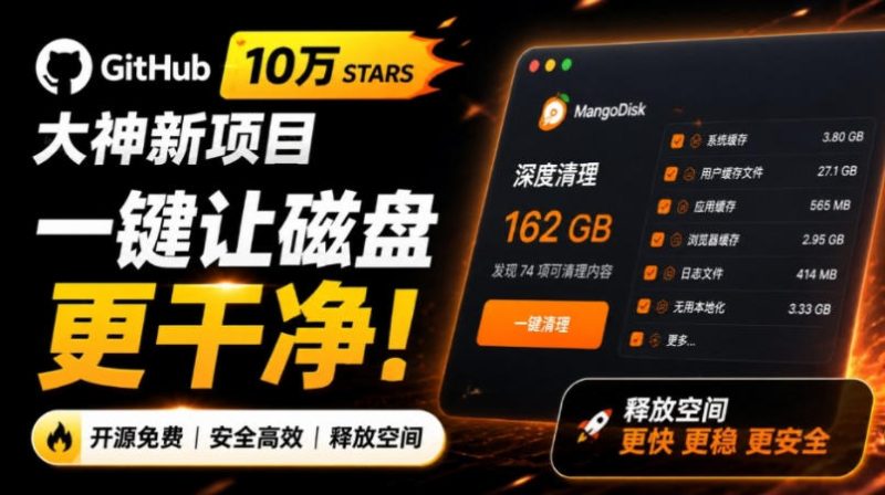 在Gtihub上做出10万stars的大神,又发布新项目了!一键让磁盘更干净,开源免费清理工具MangoDisk-初遇资源网
