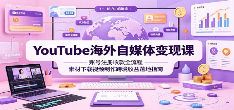 YouTube海外自媒体变现课:账号注册收款全流程,素材下载视频制作跨境收益落地指南-初遇资源网