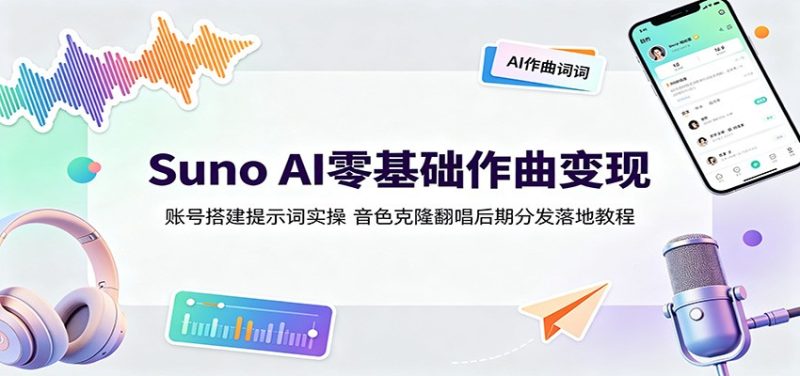 Suno AI零基础作曲变现:账号搭建提示词实操,音色克隆翻唱后期分发落地教程-初遇资源网