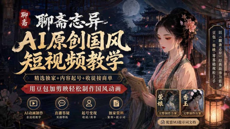 聊斋志异AI原创国风短视频教学-更新;精选独家+内容起号+收徒接商单,用豆包加剪映轻松制作国风动画-初遇资源网