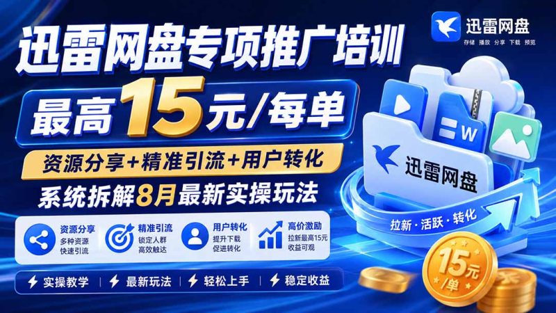 迅雷网盘专项推广培训-更新8.18——最高15元/每单,资源分享+精准引流+用户转化,系统拆解最新实操玩法-初遇资源网