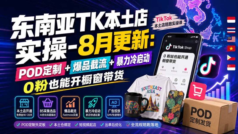 东南亚TK本土店实操-8月更新：POD定制+爆品截流+暴力冷启动，0粉也能开橱窗带货-初遇资源网