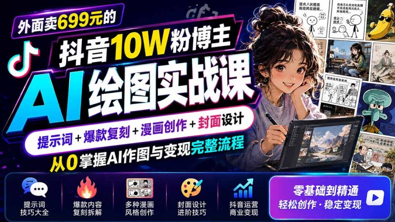 外面卖699元的抖音10W粉博主AI绘图实战课:提示词+爆款复刻+漫画创作+封面设计,从0掌握AI作图与变现完整流程-初遇资源网