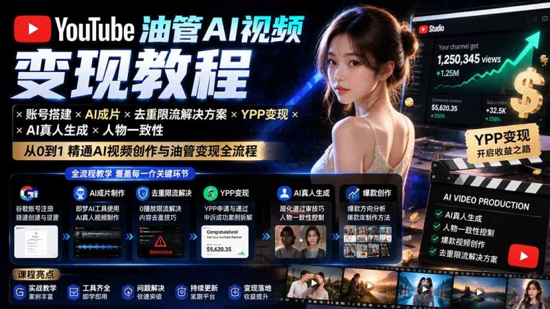 YouTube油管AI视频变现教程-更新:账号搭建×AI成片×去重限流解决方案×YPP变现×AI真人生成×人物一致性-初遇资源网