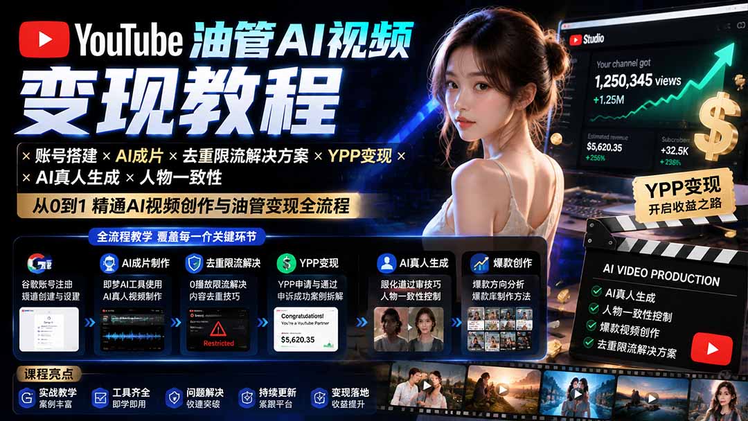 YouTube油管AI视频变现教程-更新：账号搭建×AI成片×去重限流解决方案×YPP变现×AI真人生成×人物一致性 - 中创网