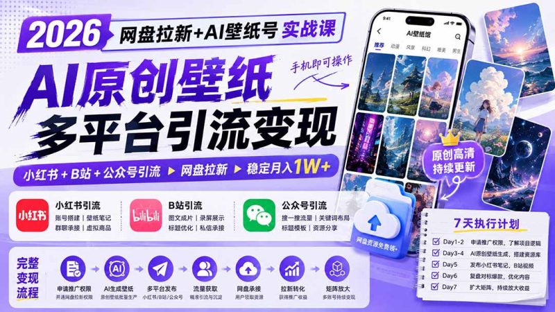 2026网盘拉新+AI壁纸号实战课:AI原创壁纸+小红书+B站+公众号引流,手机即可操作,月入1W+-初遇资源网