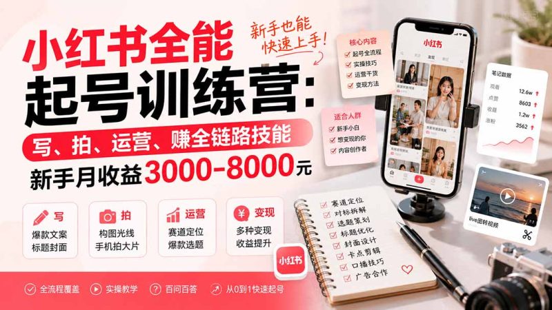 小红书全能起号训练营-更新:写、拍、运营、赚全链路技能,新手月收益3000-8000元-初遇资源网