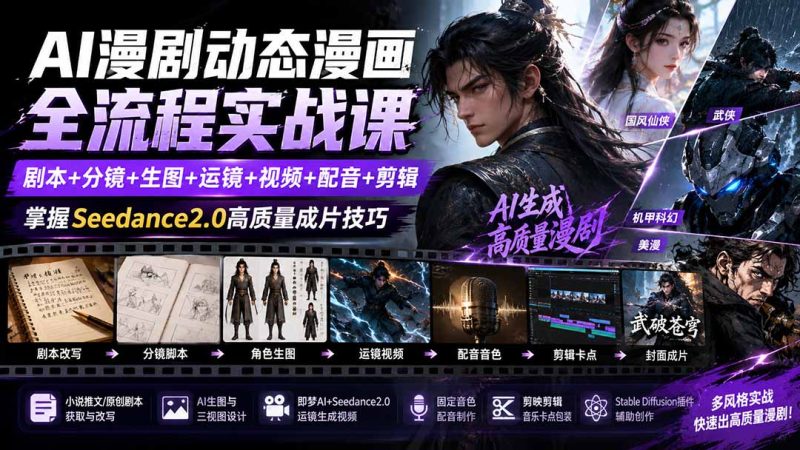 AI漫剧动态漫画全流程实战课:剧本+分镜+生图+运镜+视频+配音+剪辑,掌握Seedance2.0高质量成片技巧-初遇资源网