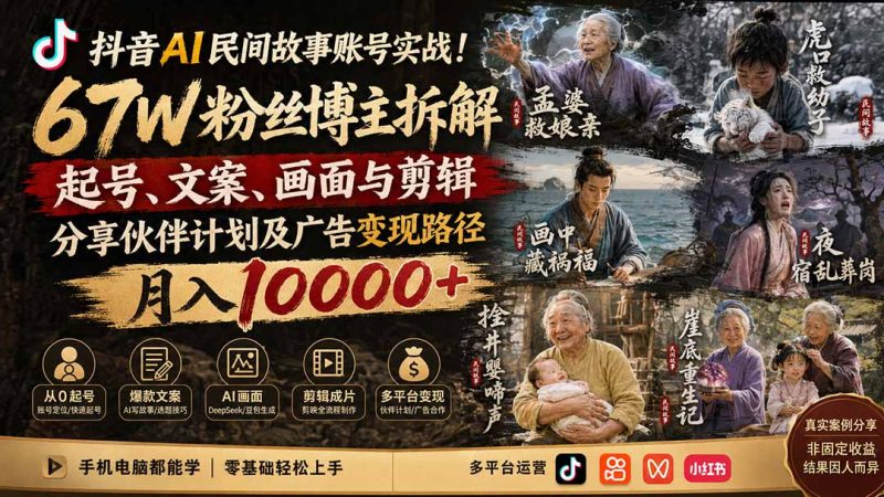 抖音AI民间故事账号实战!67W粉丝博主拆解起号、文案、画面与剪辑,分享伙伴计划及广告变现路径,月入10000+-初遇资源网