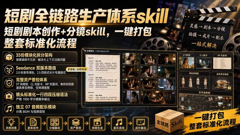 短剧全链路生产体系skill,短剧剧本创作+分镜skill,一键打包,整套标准化流程-初遇资源网