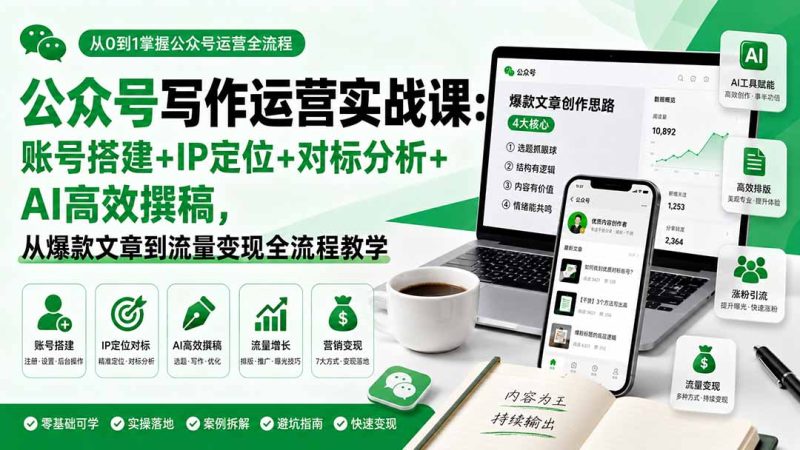 公众号写作运营实战课:账号搭建+IP定位+对标分析+AI高效撰稿,从爆款文章到流量变现全流程教学-初遇资源网